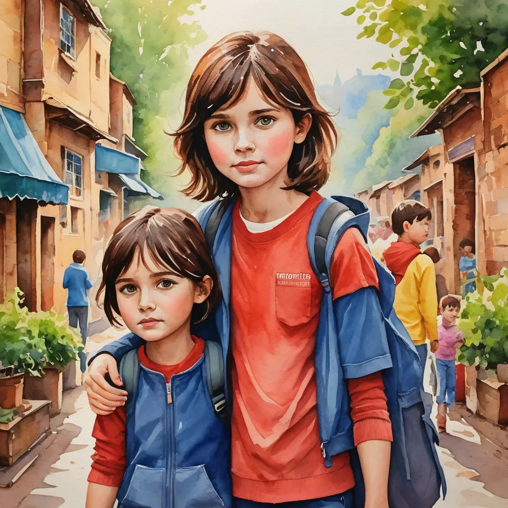 a painting of two children walking down a street with a backpack on their back and a backpack on their shoulder, photorealism, a detailed painting, Brothers Hildebrandt, trending on art station