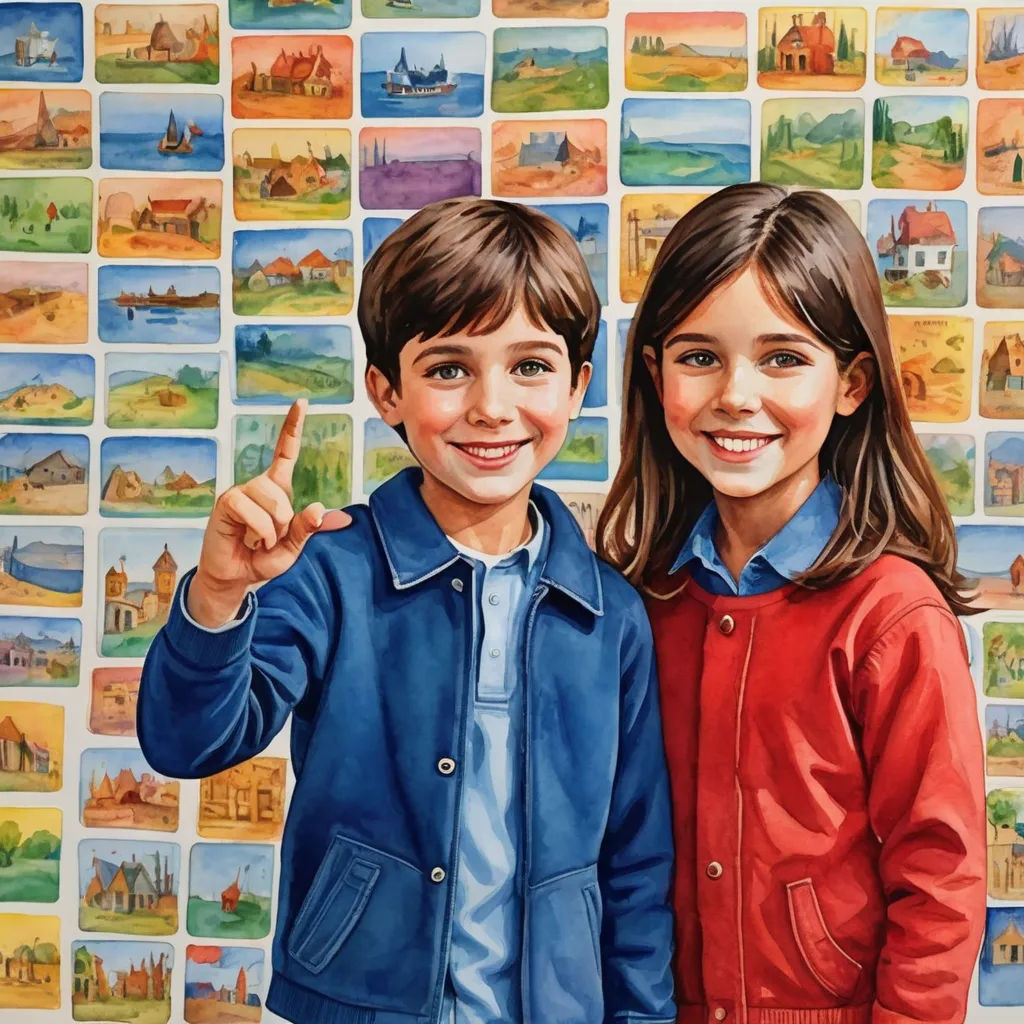 a painting of two children standing in front of a wall of pictures of buildings and buildings with a pointing finger, precisionism, a detailed painting, Brothers Hildebrandt, highly detailed oil painting