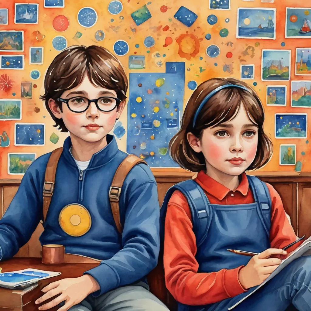 a painting of two children sitting at a table with a book and pencil in their hands and a picture of a boy and girl on the wall, naive art, a detailed painting, Aaron Jasinski, highly detailed digital painting