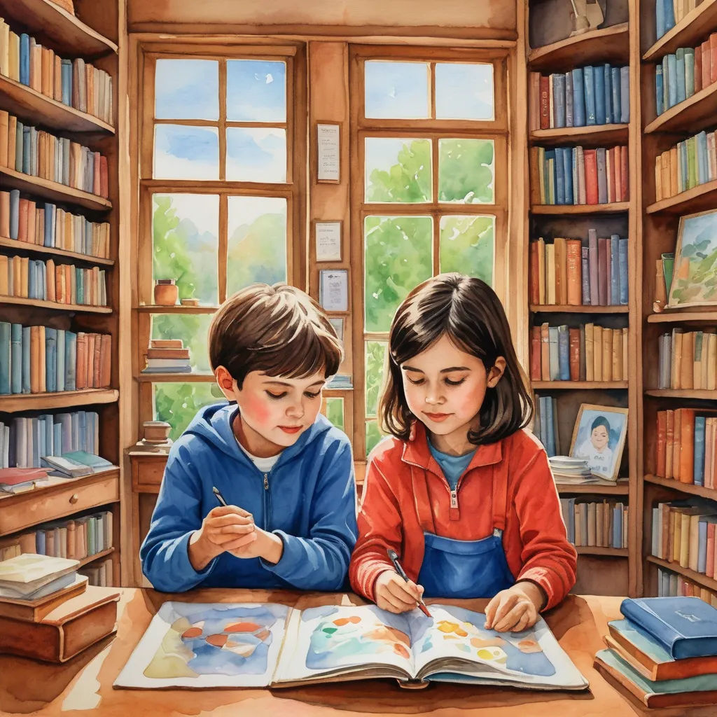 a painting of two children reading a book in a library with bookshelves and windows behind them and a cat on the floor, art & language, a storybook illustration, Diego Gisbert Llorens, storybook illustration