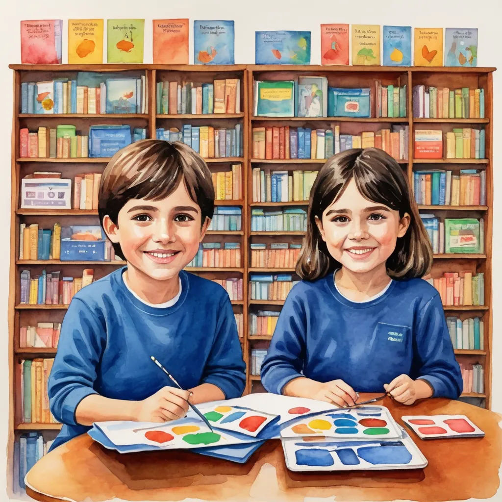two children sitting at a table with a book and a paintbrush in front of them, with bookshelves in the background, art & language, a storybook illustration, Diego Gisbert Llorens, book cover