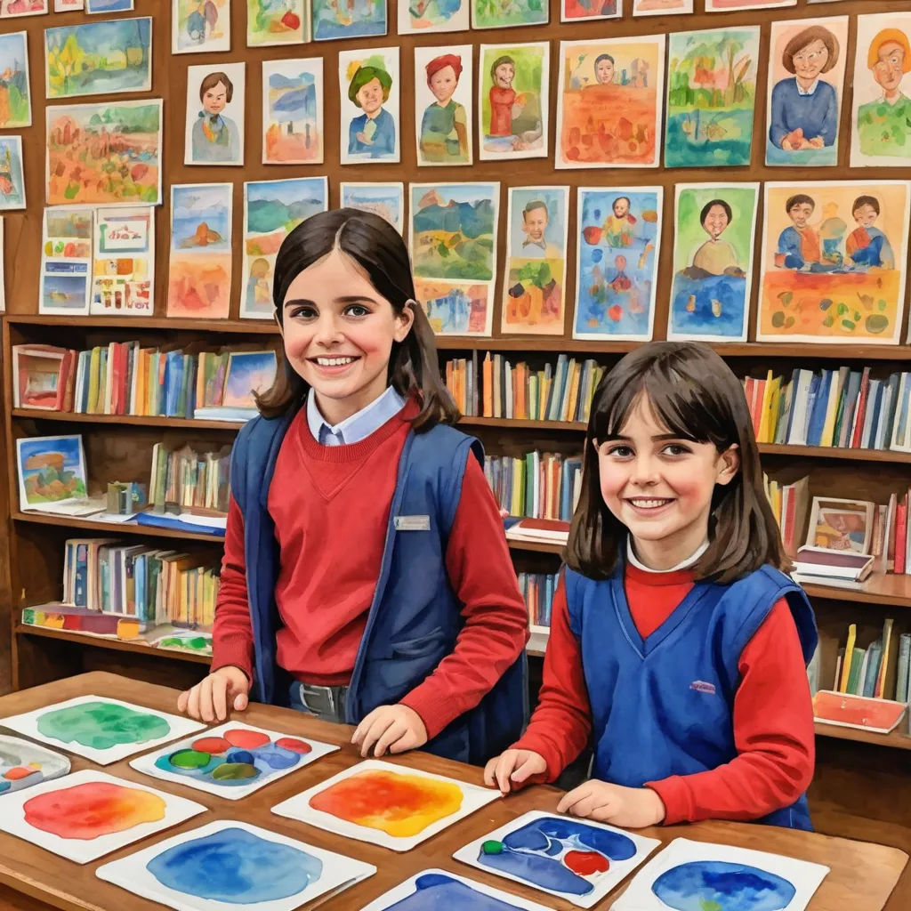 two young girls are sitting at a table with paintings on it and smiling at the camera, with a bookshelf full of children's books behind them, action painting, a pointillism painting, Art & Language, art station