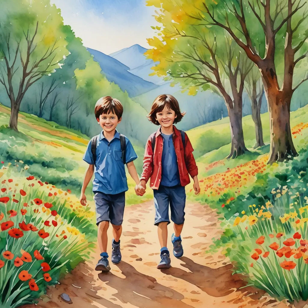 a painting of two children walking down a dirt road in a field of flowers and trees with mountains in the background, naive art, a storybook illustration, Brothers Hildebrandt, official art