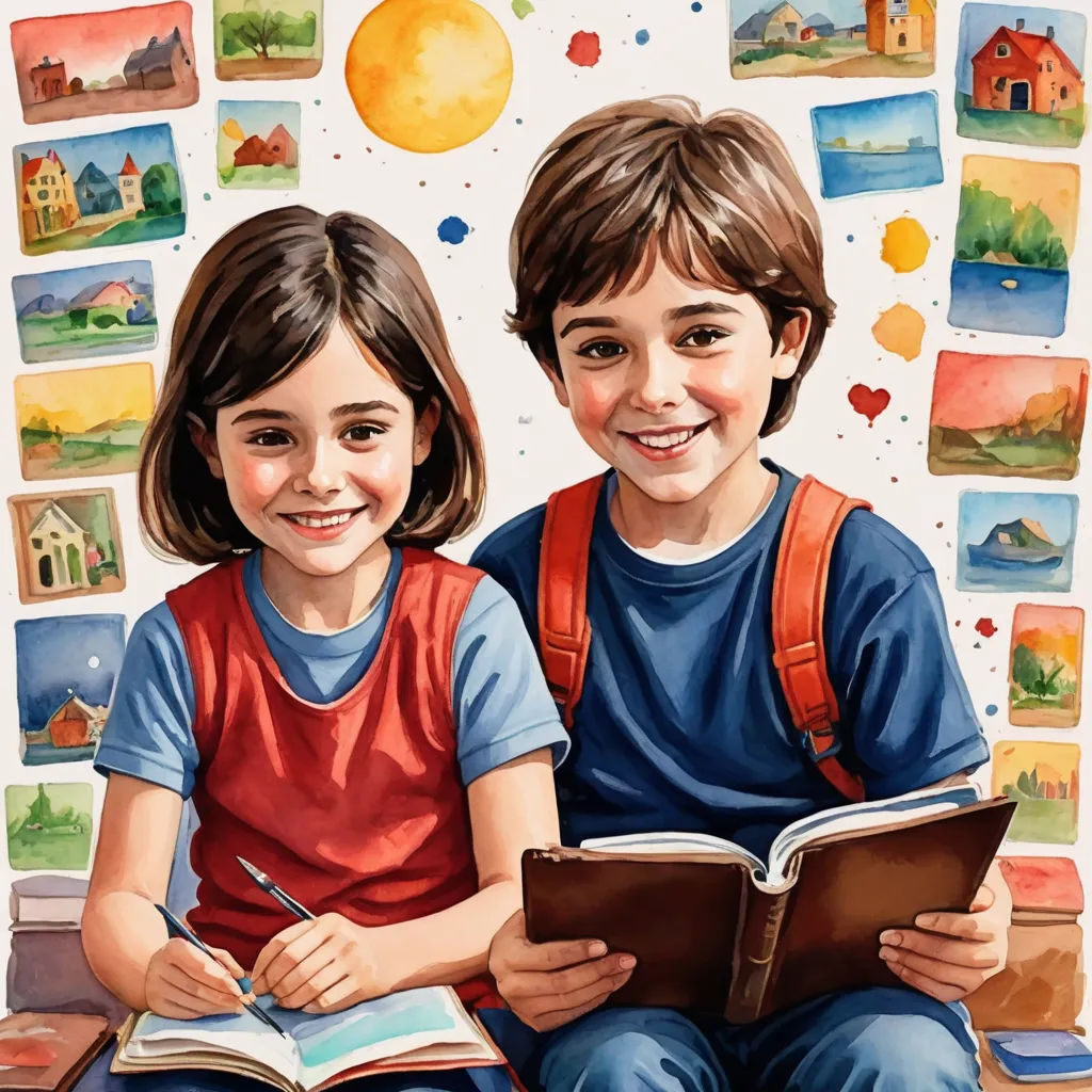 a painting of two children sitting on a bench with a book and pen in their hands and pictures on the wall behind them, naive art, a detailed painting, Bob Byerley, in gouache detailed paintings