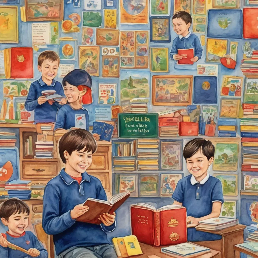 a painting of children reading books in a library with a teacher and two boys sitting at a desk in front of them, art & language, a storybook illustration, Diego Gisbert Llorens, storybook illustration