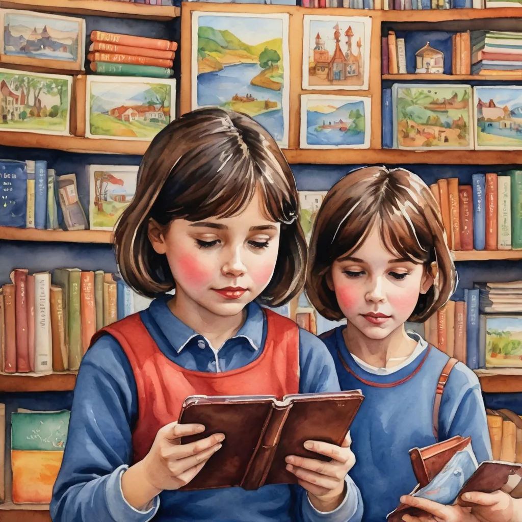 two children are looking at a book together in a library with bookshelves and books behind them, and a painting of a boy and girl reading, art & language, a storybook illustration, Bob Byerley, in gouache detailed paintings