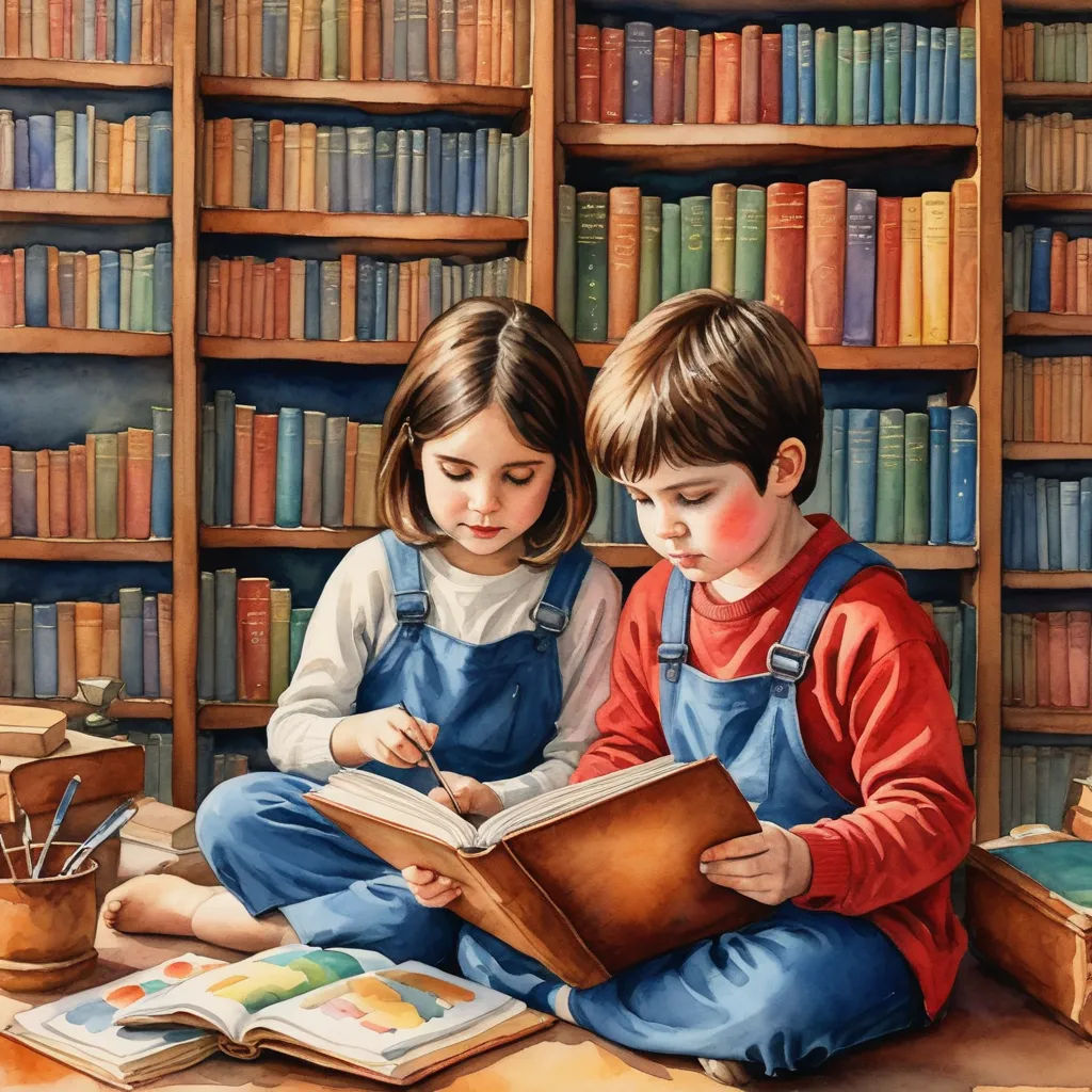 two children sitting on the floor reading a book together in front of a bookshelf full of books, art & language, a storybook illustration, Bob Byerley, storybook illustration