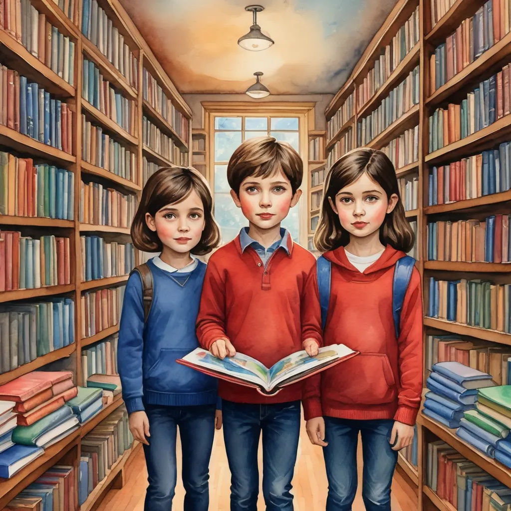 three children standing in a library holding a book in their hands and looking at the camera with a book in their hands, art & language, a storybook illustration, Diego Gisbert Llorens, storybook illustration