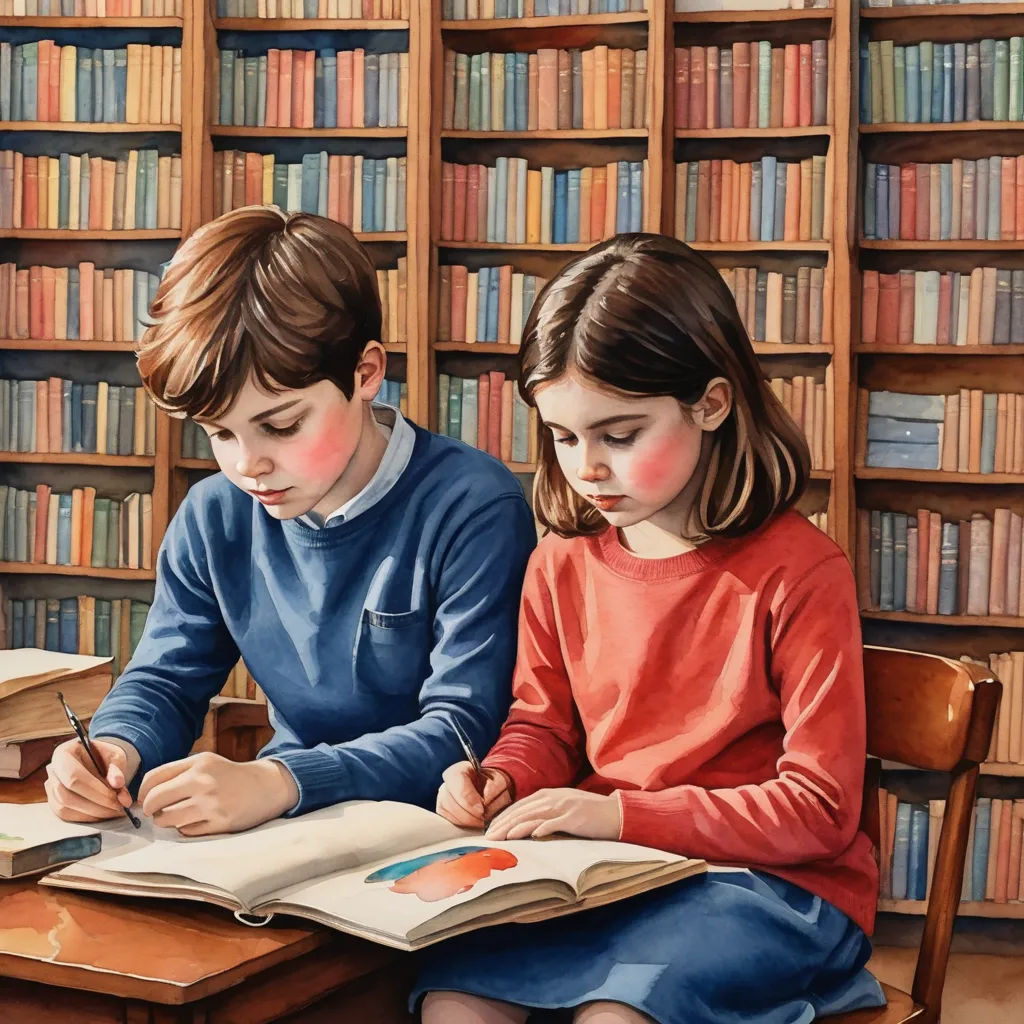 a painting of two children sitting at a table in front of a bookcase and one is writing on a book, academic art, a storybook illustration, Bob Byerley, pj crook