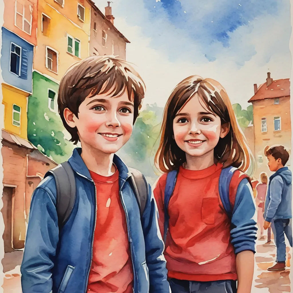 a painting of two children standing next to each other in front of a building with a sky background and a blue sky, paris school, a detailed painting, Diego Gisbert Llorens, detailed painting