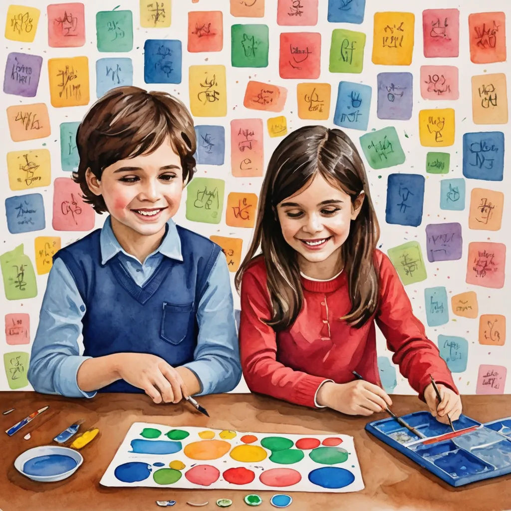 a painting of two children sitting at a table with a tablet and a pen and paper on it, with a colorful background, art & language, an ultrafine detailed painting, Diego Gisbert Llorens, in gouache detailed paintings