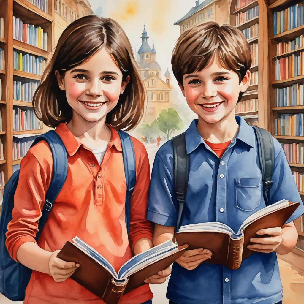 a painting of two children standing in front of a library holding books and smiling at the camera, with a painting of them behind them, art & language, a storybook illustration, Bob Byerley, highly detailed oil painting
