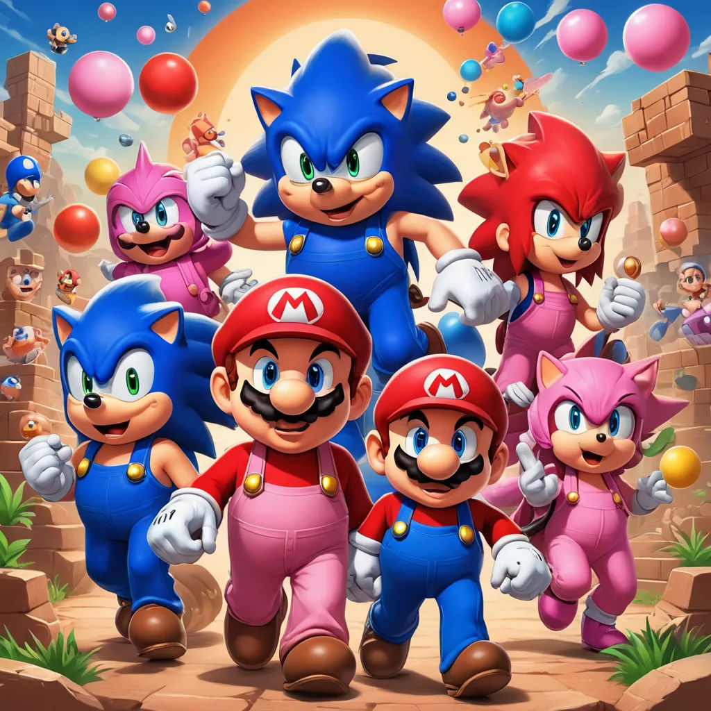 a group of mario and sonic characters standing in front of a castle with balloons and balloons in the air, sots art, an album cover, Chris LaBrooy, official art