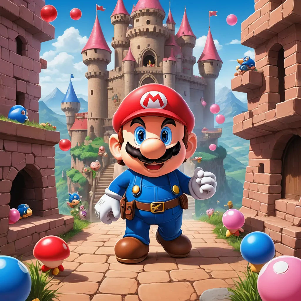 a mario bros character standing in front of a castle with balloons and a mushroom in the air and a castle in the background, sots art, concept art, Chris LaBrooy, official art