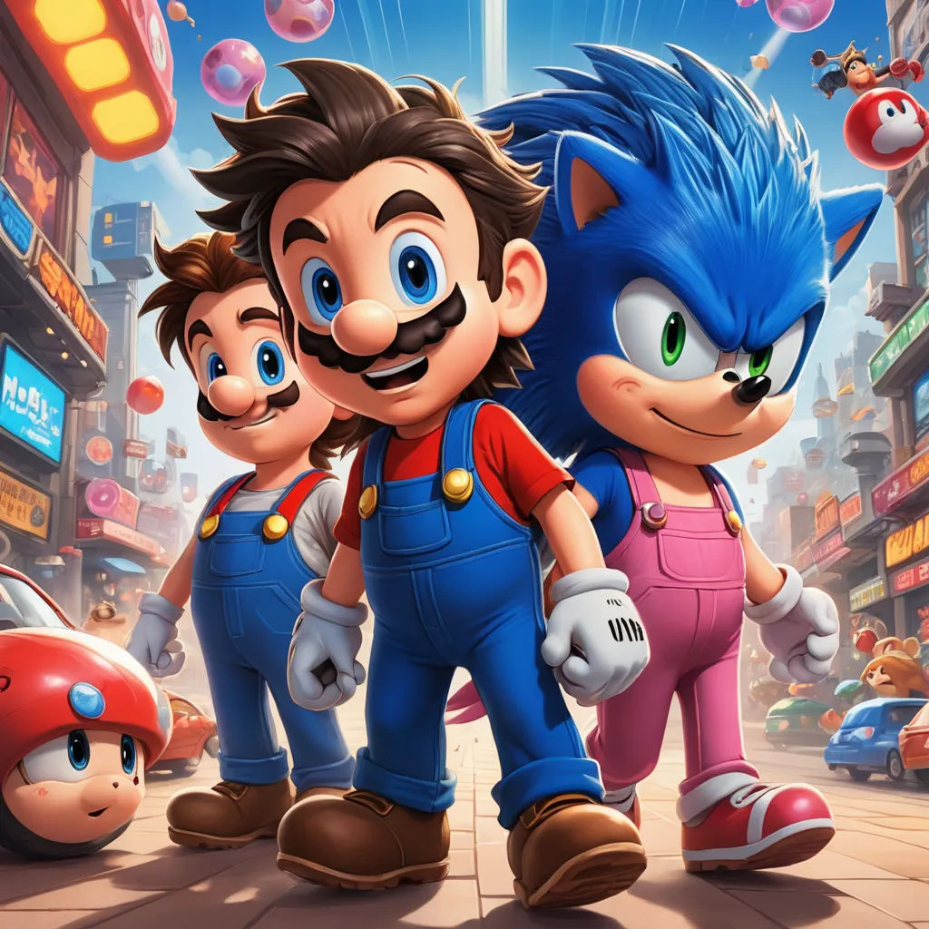 a cartoon character with a mustache and two other characters in a city street with bubble bubbles in the background, sots art, concept art, Chris LaBrooy, official art