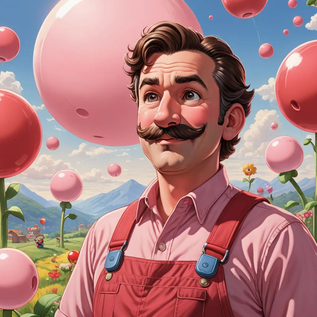 a man with a mustache and a mustache in front of a field of pink balloons and flowers with a sky background, context art, an ultrafine detailed painting, Chris LaBrooy, josan gonzales and dan mumford