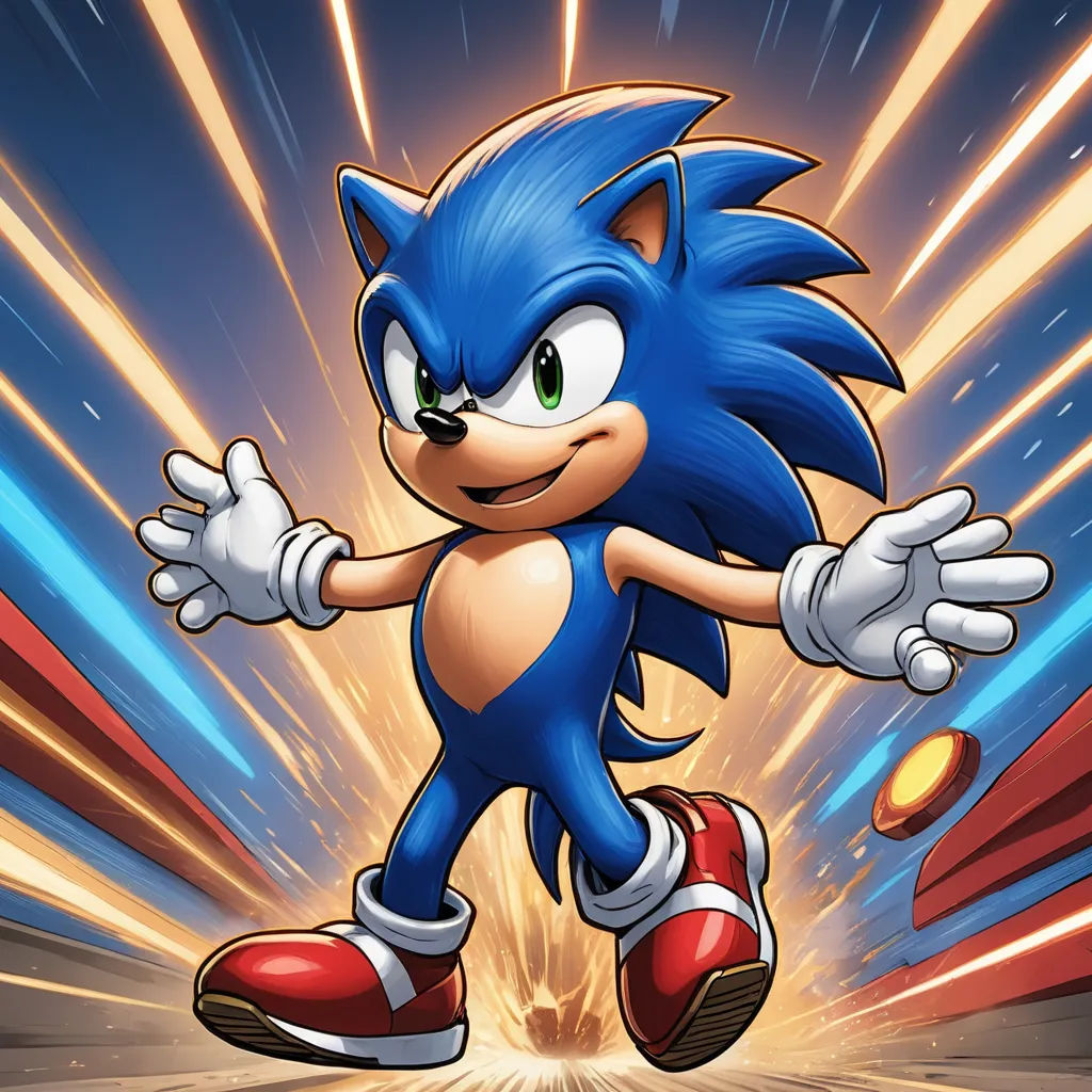 a cartoon sonic character is running through a tunnel of light and sparks with his arms outstretched and legs spread wide, sots art, concept art, Alan Davis, official art