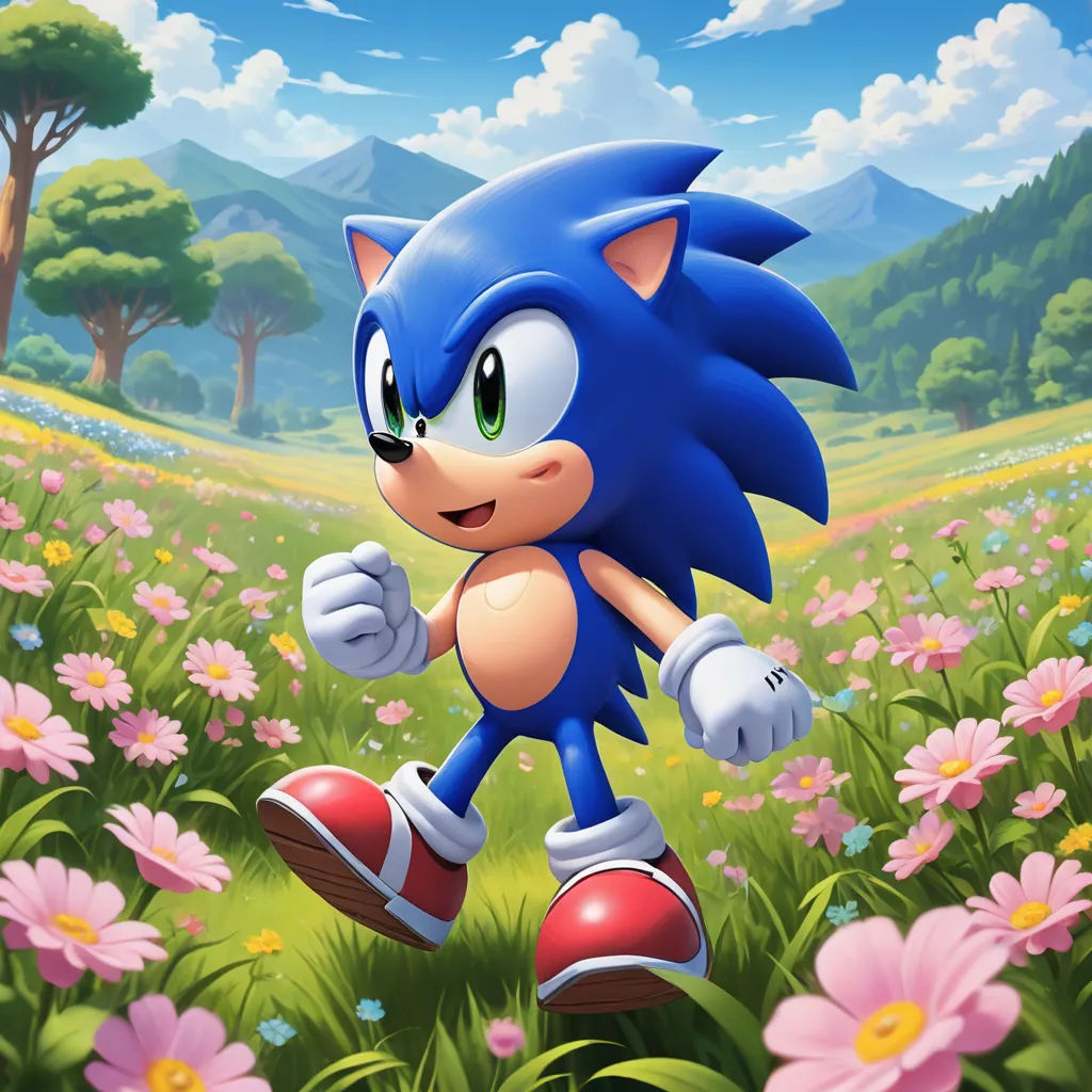 a cartoon character running through a field of flowers and grass with a hedge on his back and a forest in the background, sots art, concept art, Chris LaBrooy, official art
