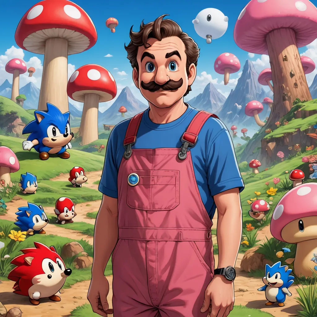 a man with a mustache standing in front of a mushroom forest with other characters in the background and a mushroom forest, sots art, concept art, Chris LaBrooy, official art