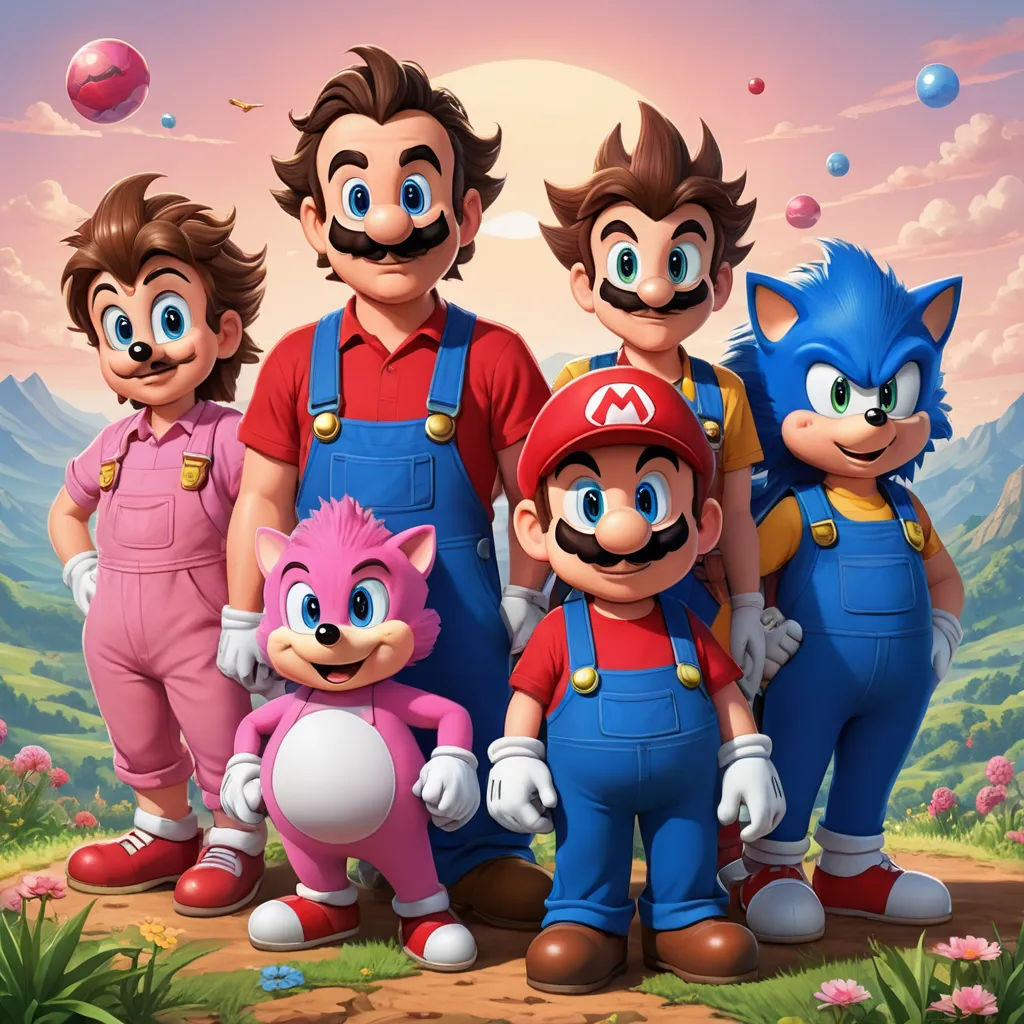 a group of people in mario and sonic characters standing in front of a mountain landscape with a pink sky, sots art, concept art, Chris LaBrooy, official art