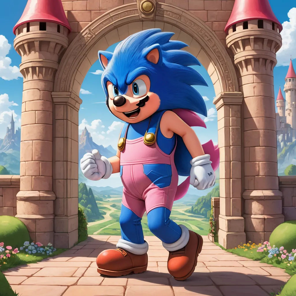 a cartoon character in a blue outfit running through a castle entrance with a castle in the background and a castle in the background, sots art, concept art, Chris LaBrooy, official art