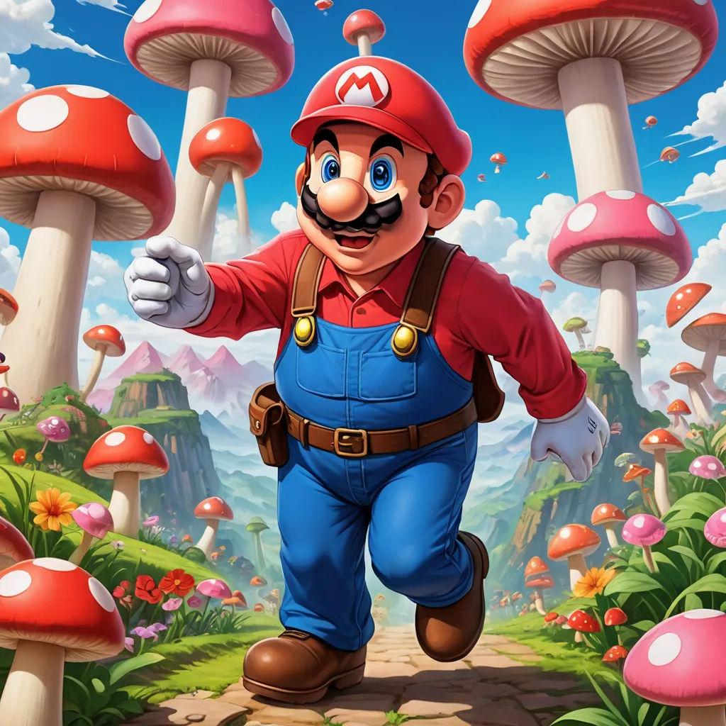 a cartoon character running through a forest of mushrooms and mushrooms with a man in a red shirt and blue overalls, sots art, concept art, Chris LaBrooy, official art