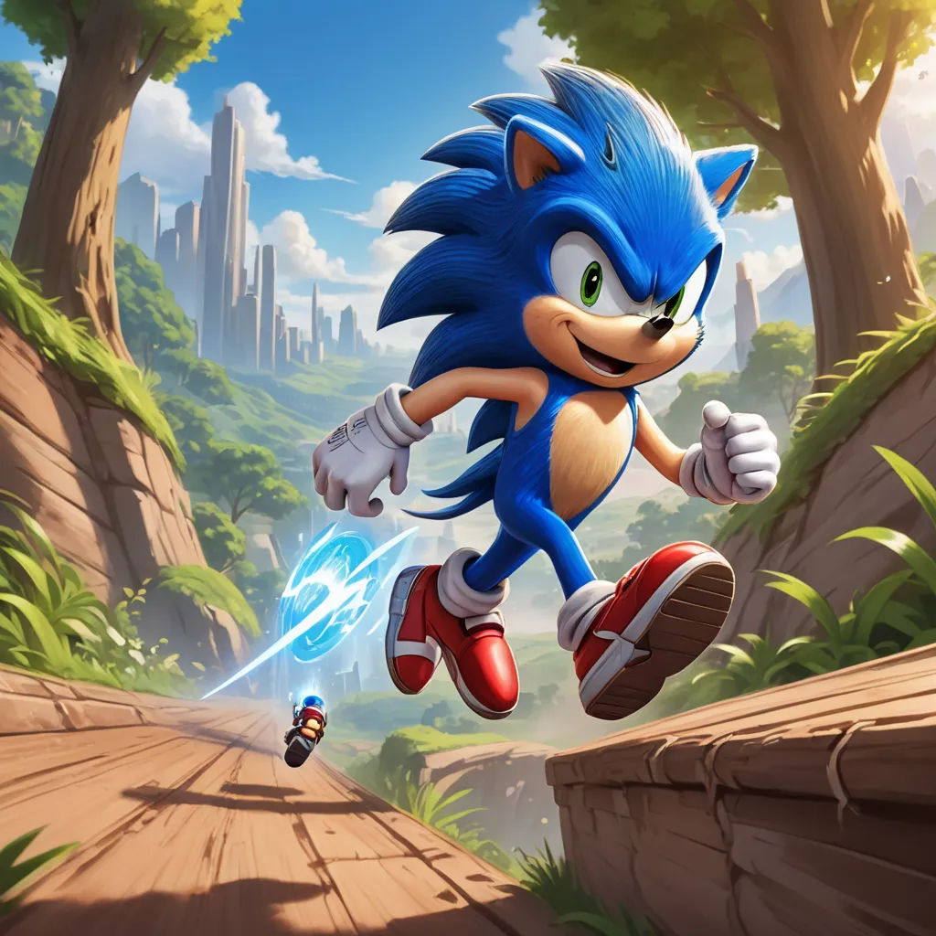 a sonic the hedge running through a forest with a car in the background and a person in the foreground, sots art, concept art, Chris LaBrooy, official art