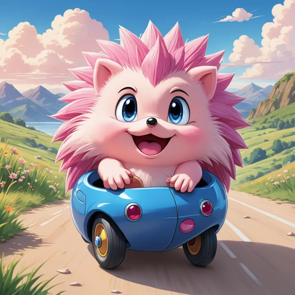 a cartoon hedge riding in a car on a road with mountains in the background and clouds in the sky, sots art, a fine art painting, Chris LaBrooy, official art
