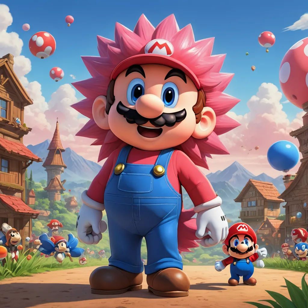 a cartoon character standing next to a mario mushroom character in a village with balloons in the sky above him, sots art, concept art, Chris LaBrooy, official art