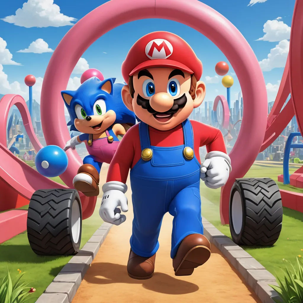 a mario and sonic running down a path in a cartoon style scene with a city in the background and a pink ring, sots art, concept art, Chris LaBrooy, official art