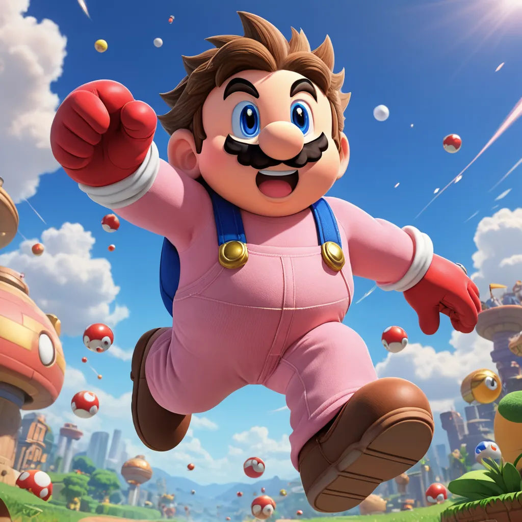a nintendo wii game character in a pink outfit running through a field of mushrooms and mushrooms with a sky background, sots art, concept art, Akira Toriyama, official art