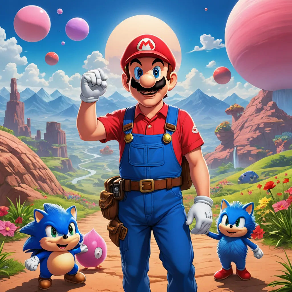 a man in a red shirt and blue overalls standing in front of a cartoon background with a sonic the hedgehog, sots art, poster art, Chris LaBrooy, official art