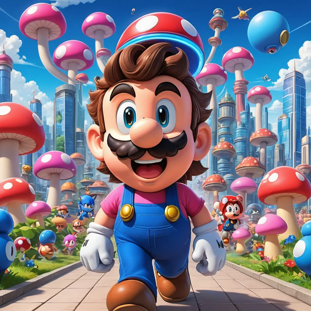 a mario running through a city with mushrooms and mushrooms in the background, and a man in a pink shirt, sots art, concept art, Chris LaBrooy, official art