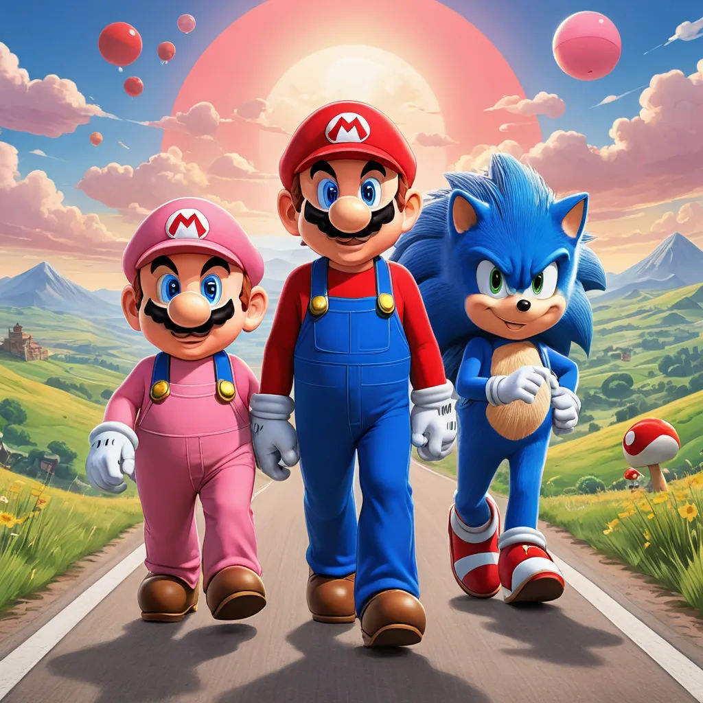 a couple of people that are walking down a road with mario and sonic the hedgehogs on their backs, sots art, an album cover, Chris LaBrooy, official art