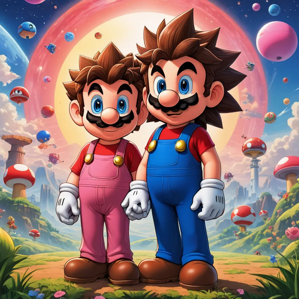 a couple of cartoon characters standing next to each other in front of a sky full of bubbles and mushrooms, sots art, concept art, Chris LaBrooy, official art