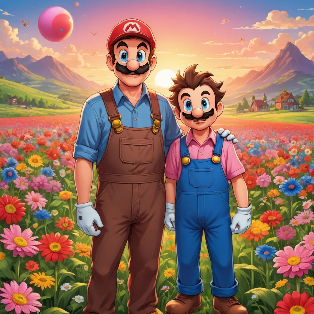 a man and a boy standing in a field of flowers with a bubble in the sky above them and a pink ball in the air, sots art, a fine art painting, Chris LaBrooy, official art