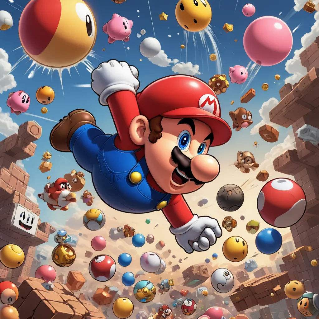 a nintendo character flying through the air surrounded by balloons and balls of different colors and sizes, with a sky background, sots art, pixel art, Chris LaBrooy, 2 d game art