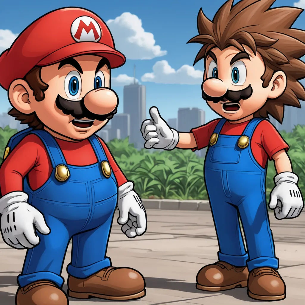 a cartoon of mario and luigi talking to each other on a sidewalk with a city in the background and a blue sky, sots art, concept art, Adam Manyoki, official art