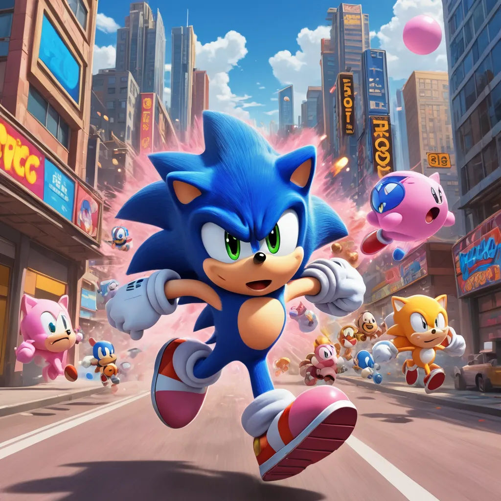a cartoon character running through a city street with other characters in the background and a cityscape in the background, sots art, concept art, Chris LaBrooy, official art