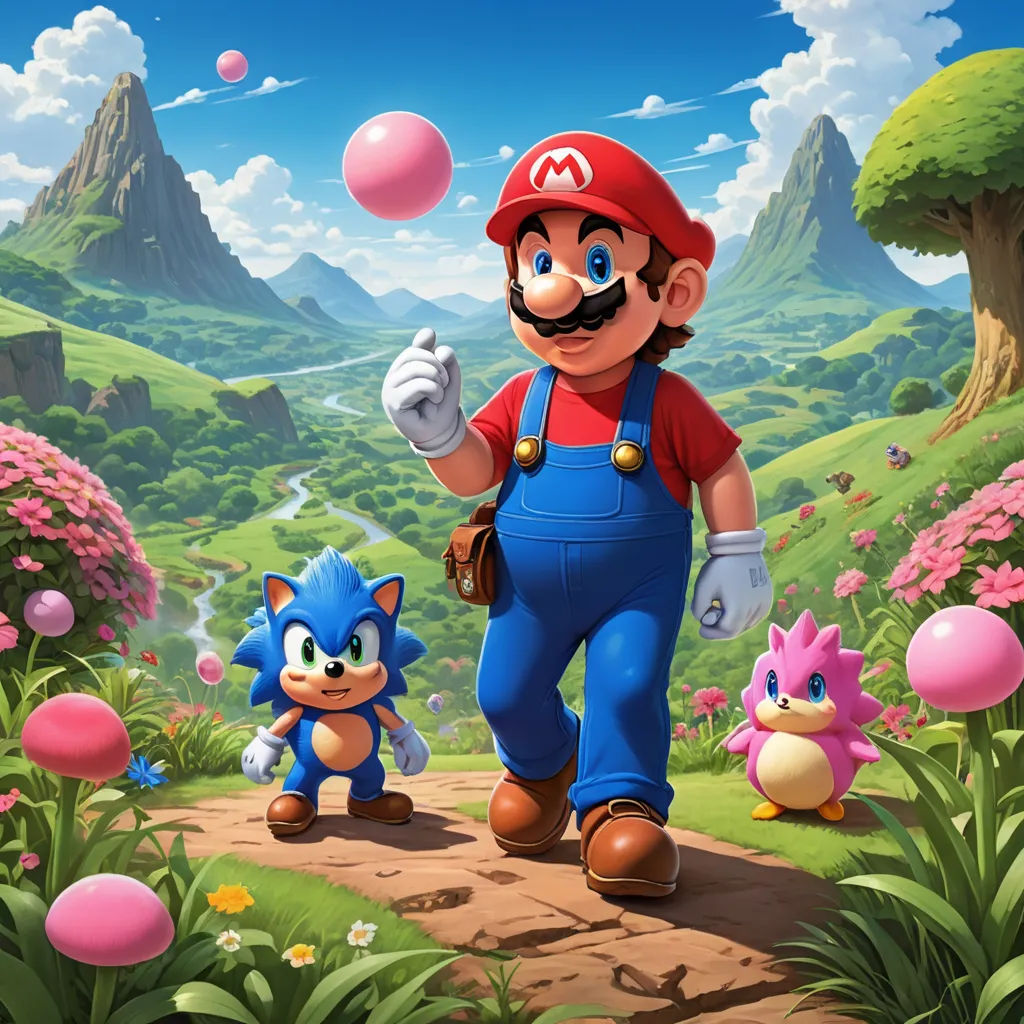 a mario and sonic running through a field of flowers and trees with bubbles in the air and a cat on the ground, sots art, concept art, Chris LaBrooy, official art