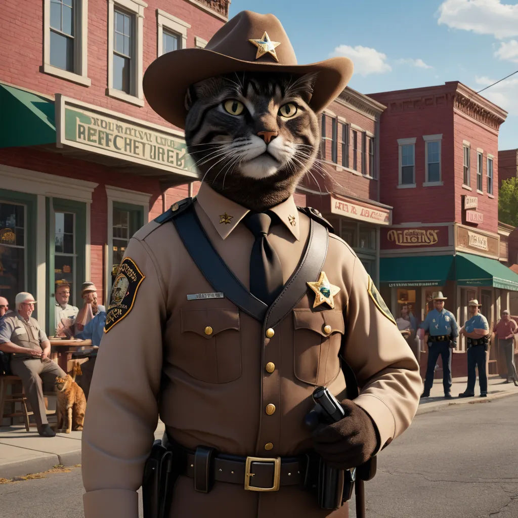 a cat dressed in a sheriff outfit standing in the street with a cop uniform on and a crowd of people in the background, furry art, concept art, Chris LaBrooy, ultra realistic digital art