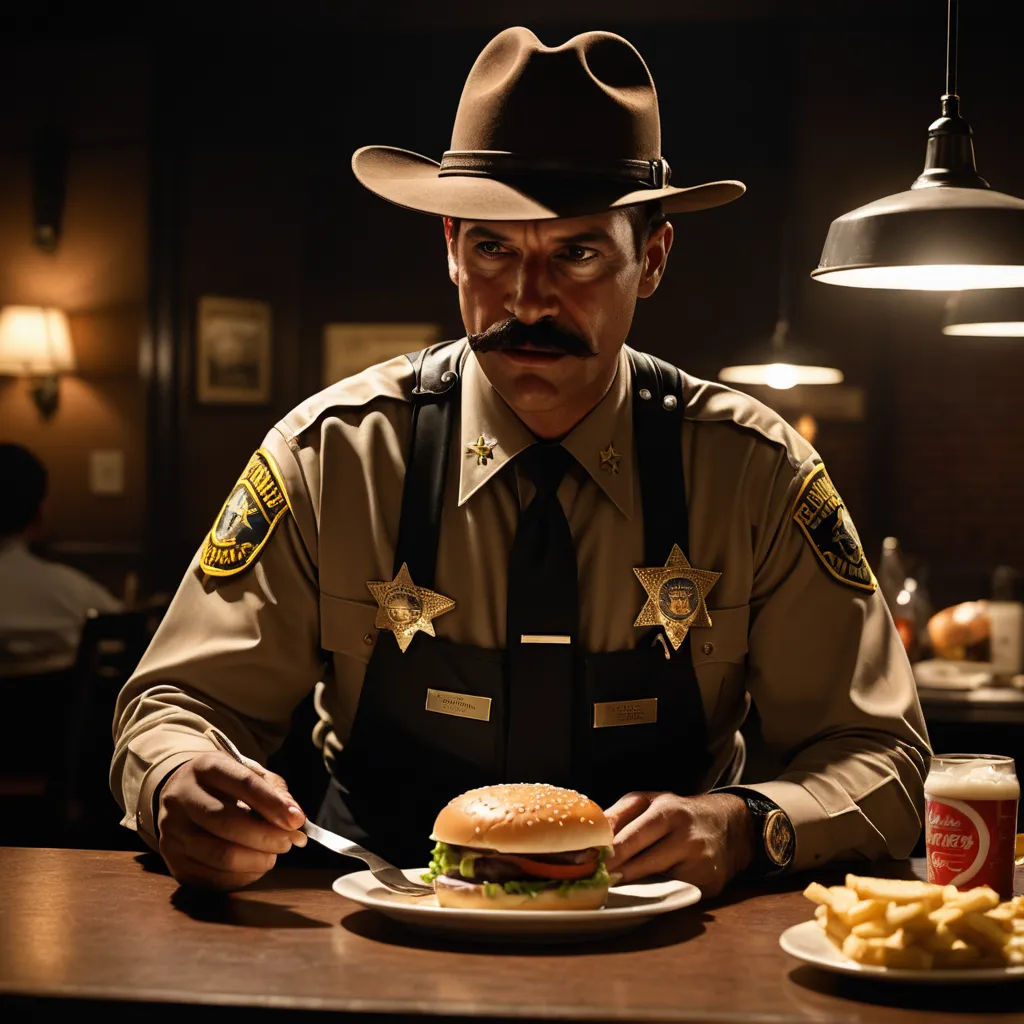 a man in a sheriff uniform is eating a burger and fries in a restaurant with a light on the ceiling, american realism, a colorized photo, Chris LaBrooy, promotional image