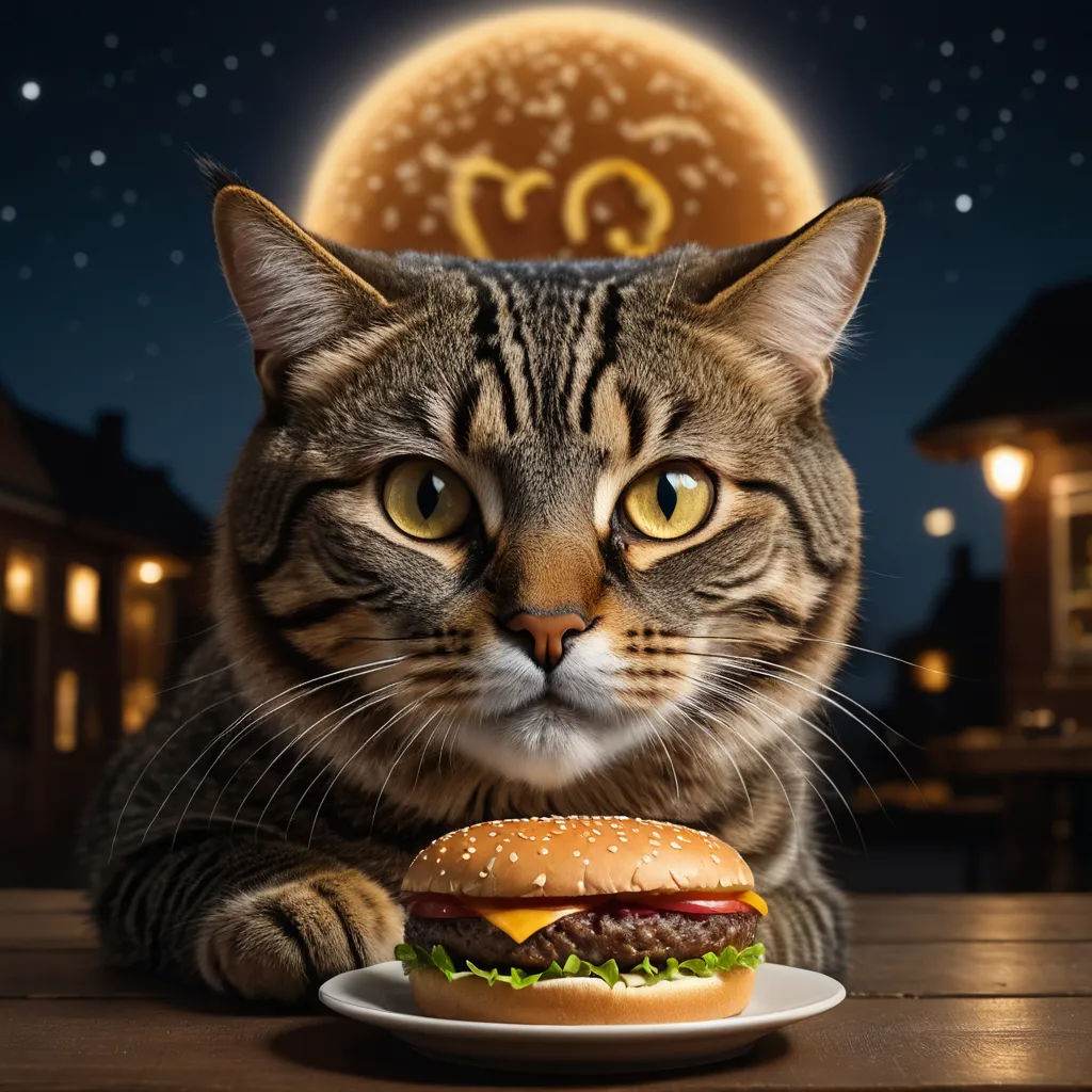 a cat is sitting next to a hamburger on a table with a full moon in the background and a full moon in the sky, space art, a stock photo, Chris LaBrooy, full moon