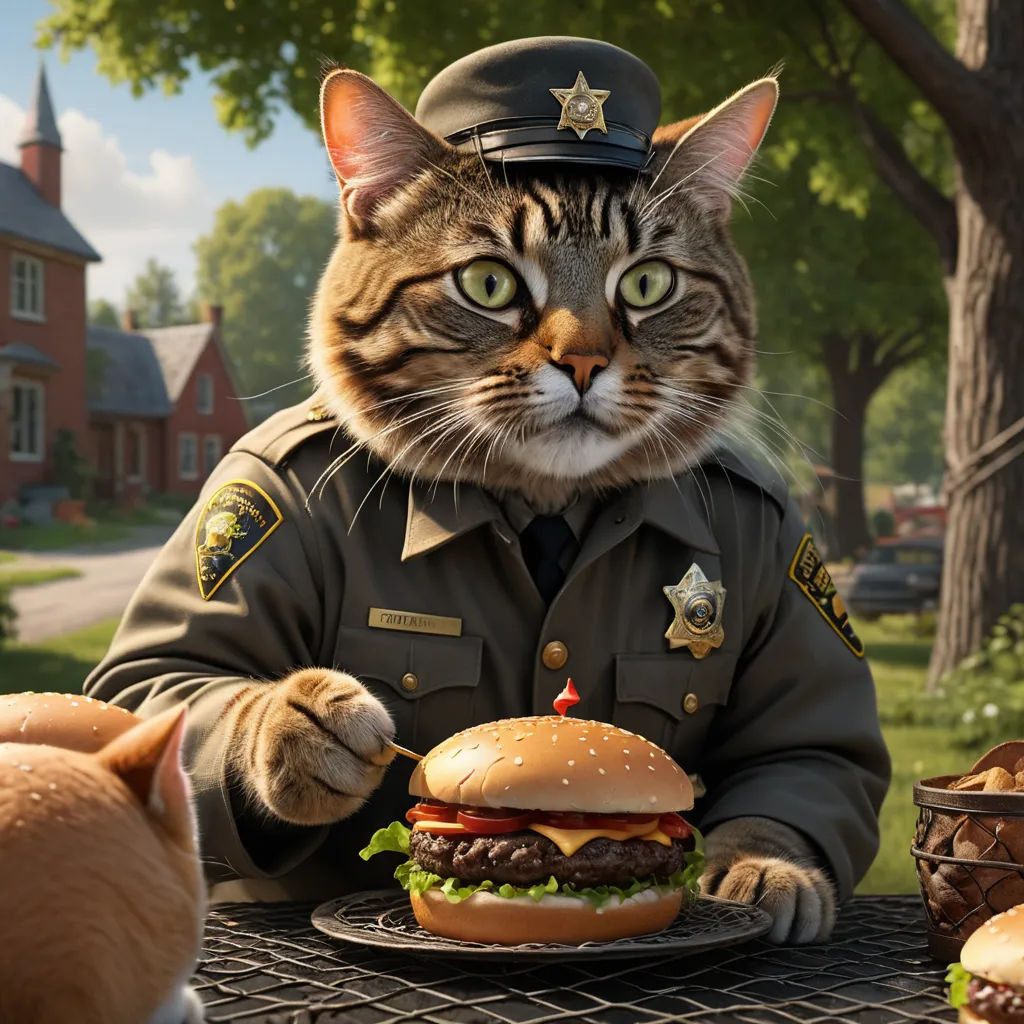a cat in a police uniform is eating a hamburger and a cat is sitting next to it on a table, photorealism, a digital rendering, Chris LaBrooy, unreal engine 5 quality render