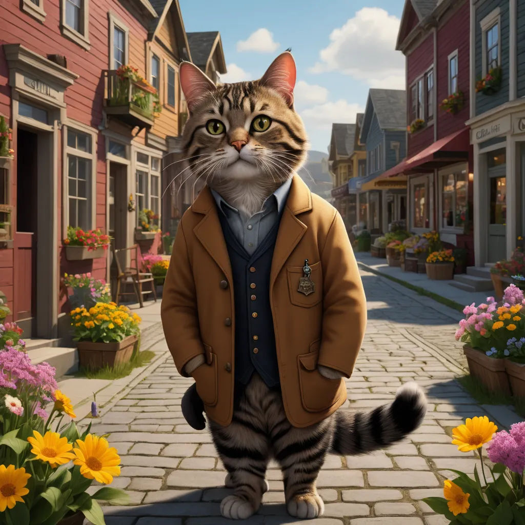 a cat in a suit and tie standing on a brick road in front of a flower garden and a row of houses, furry art, a character portrait, Chris LaBrooy, unreal engine highly rendered
