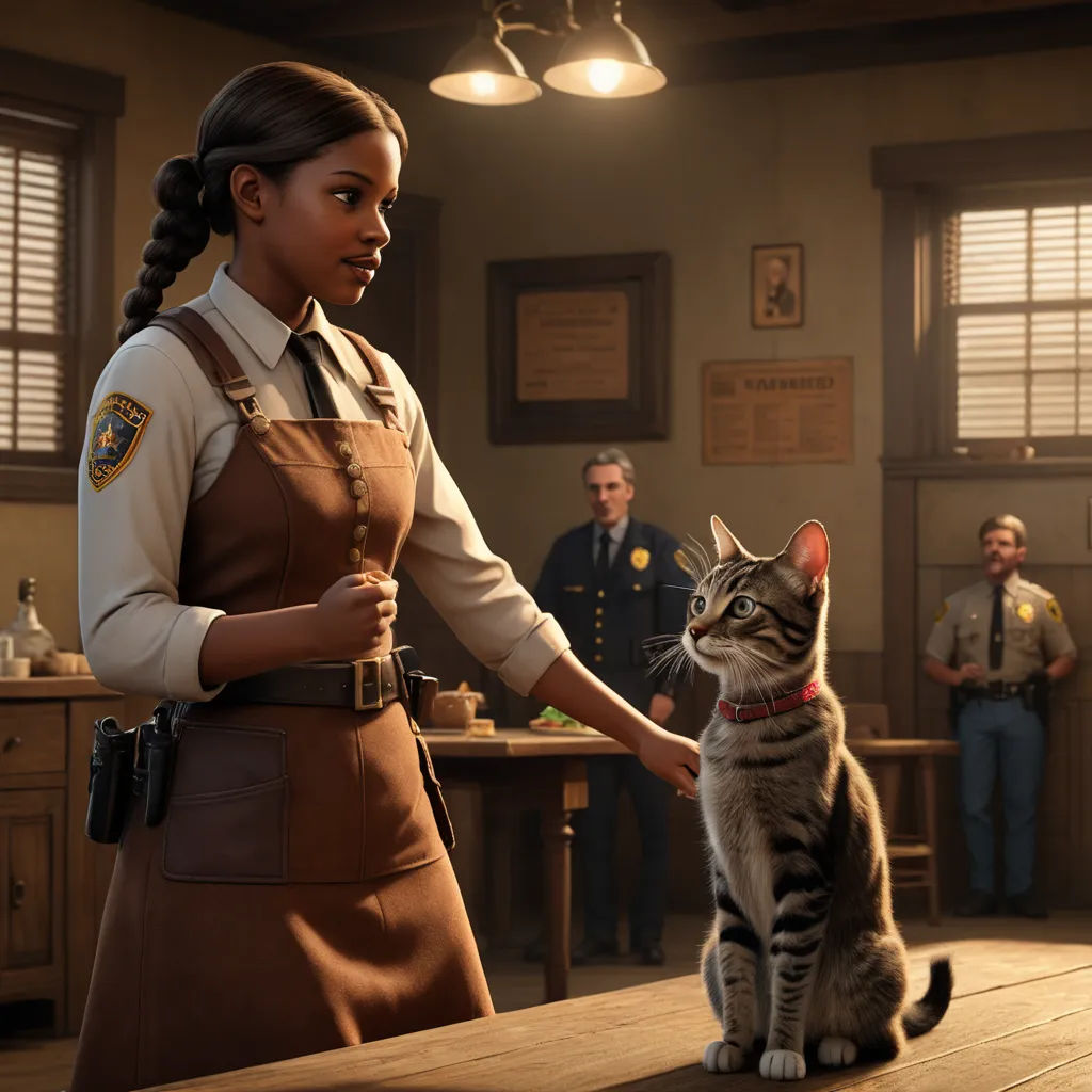 a woman in a uniform is petting a cat in a room with other people and a table with a lamp, harlem renaissance, concept art, Chris LaBrooy, promotional image