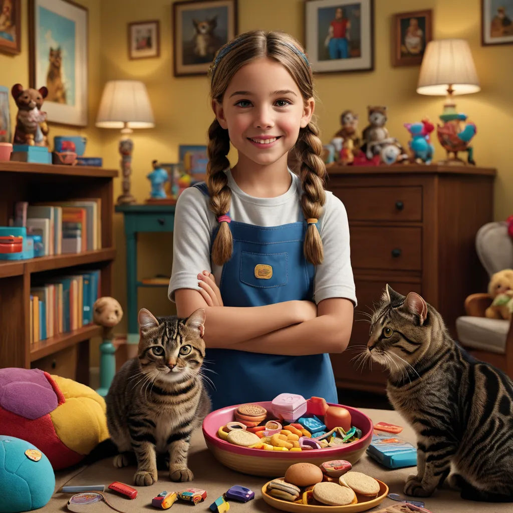 a girl standing in front of a table with two cats and a plate of cookies and cookies on it, american scene painting, a storybook illustration, Chris LaBrooy, promotional image