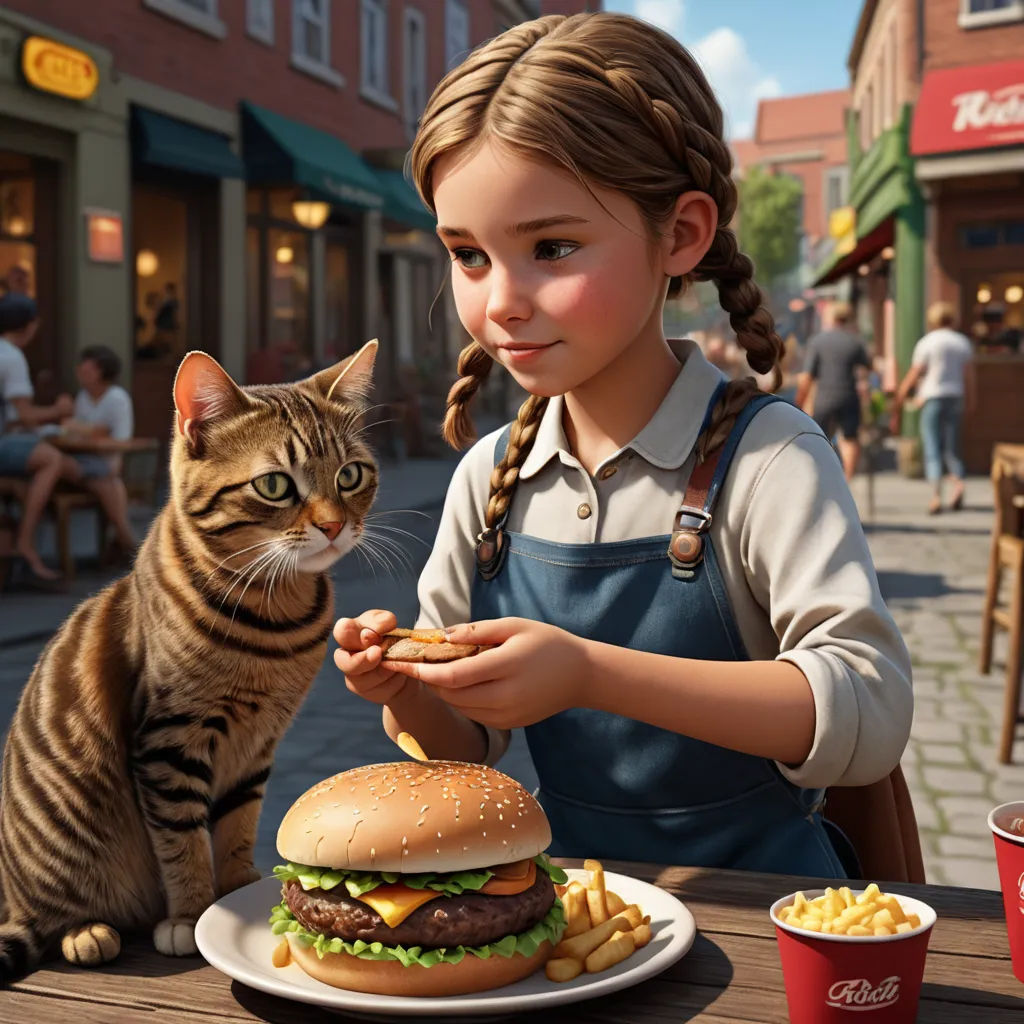 a cat is looking at a girl eating a hamburger and a cat is looking at her on the table, photorealism, a hyperrealistic painting, Chris LaBrooy, cgstudio