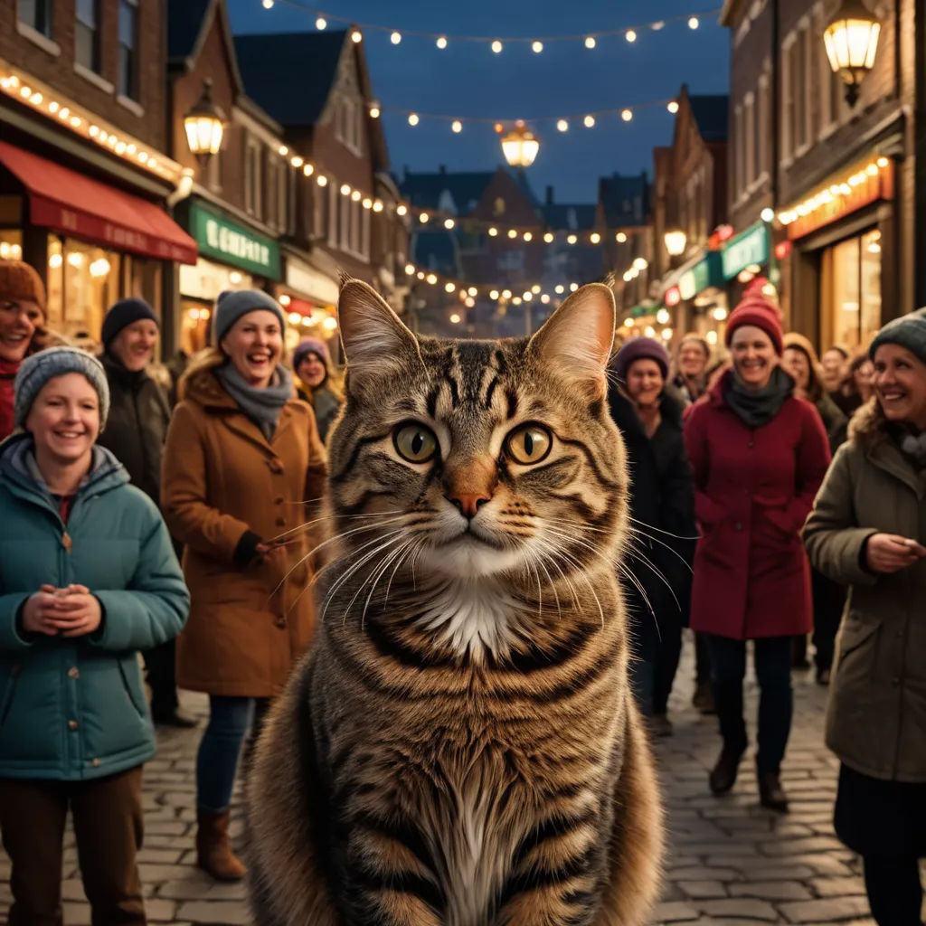 a cat standing on a street with people in the background and lights strung overhead in the background, and a crowd of people walking down the street, magical realism, a stock photo, Chris LaBrooy, award winning photograph