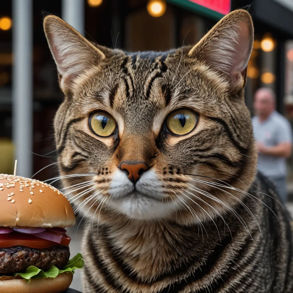 a cat sitting next to a hamburger on a table outside a restaurant with people in the background and a man walking by, hyperrealism, a stock photo, Chippy, professional photo